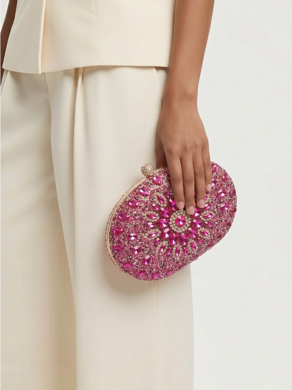 Embellished Pink Crystal Oval Clutch